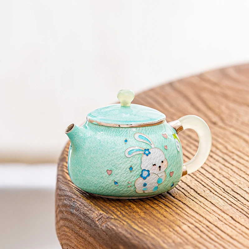 蜂鸟工坊 出口 七宝烧绿底爱心兔小小壶 FNNA1773