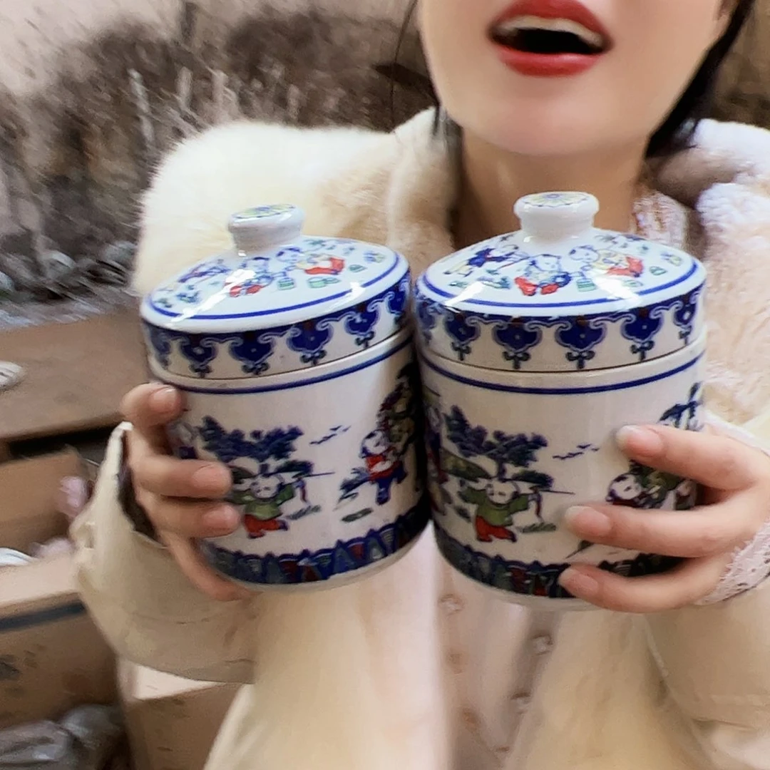 摆件瓷景德镇陶瓷童子罐2个