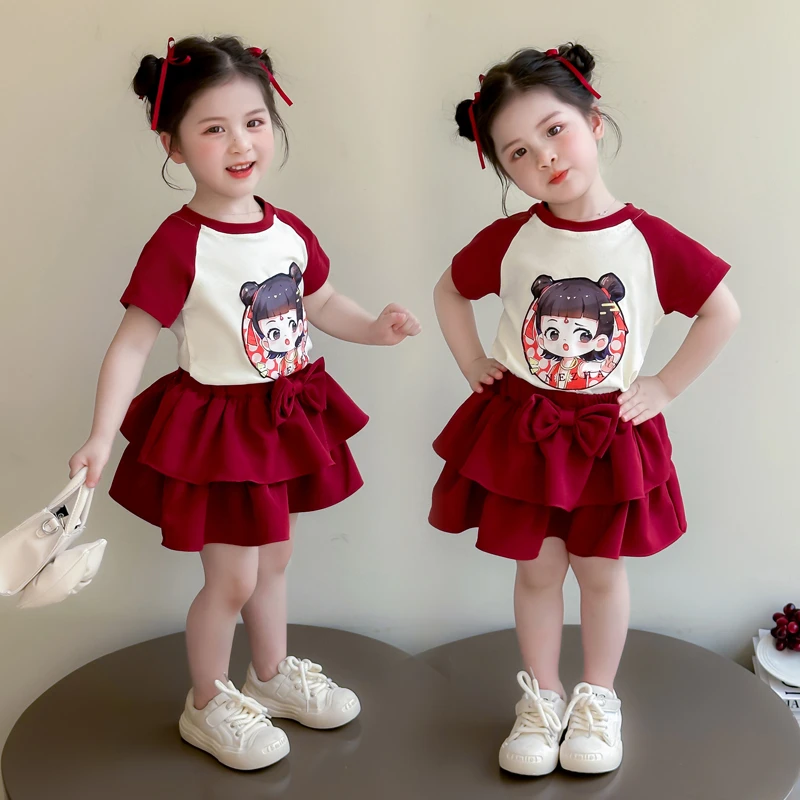 哪吒套装女童儿童棉质服装公主裙裙子哪吒发光夏季女宝网红国风服