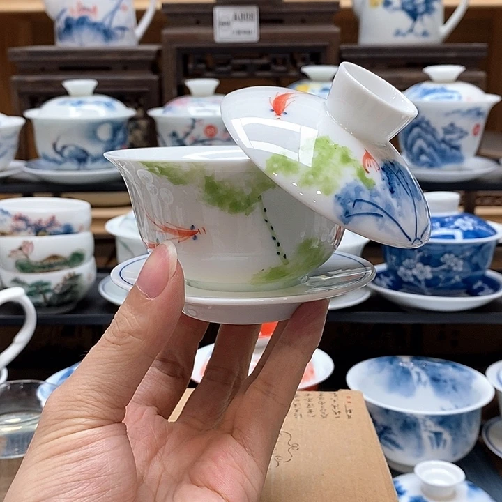 手绘五彩荷花悬停盖碗150cc釉下彩微瑕福利款