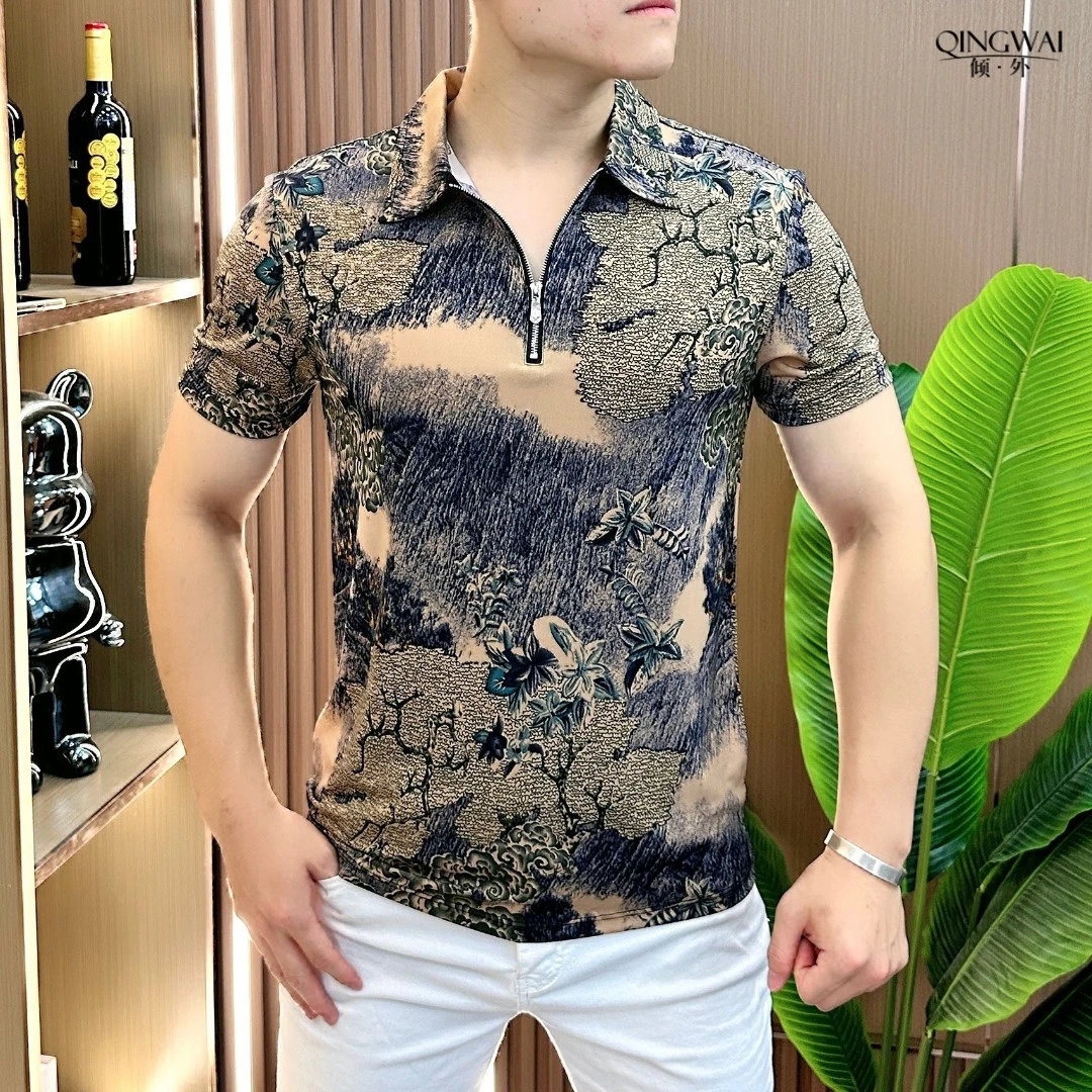 J夏季男士休闲半袖痞帅品质印花翻领拉链百搭时尚T恤修身POLO短袖