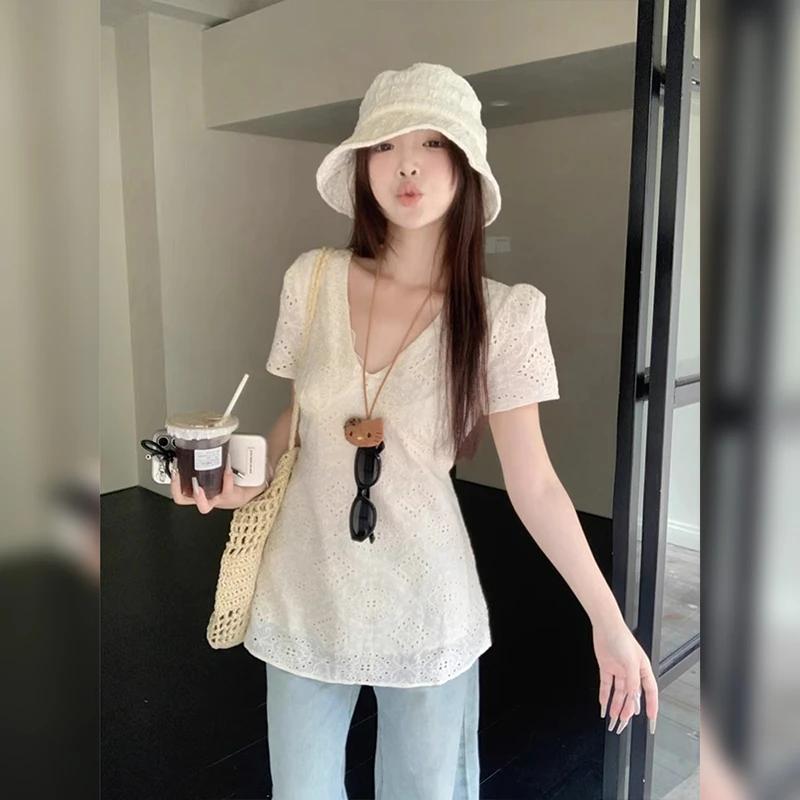 巨好看的大码女装法式镂空V领短袖雪纺衫女夏季宽松高级感上衣薄