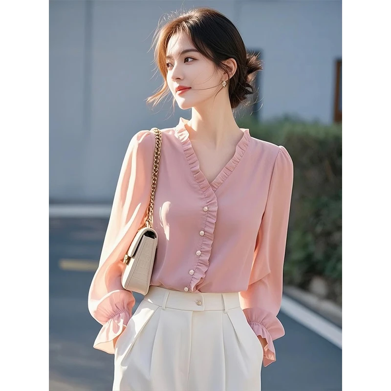 法式粉色木耳边v领衬衫女2025年新款通勤穿搭设计感高级上衣女春