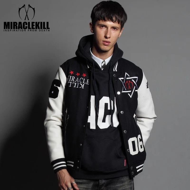 【棒球服集合】MIRACLE KILL六芒星双刀MK字母皮袖羊毛呢棒球服夹克
