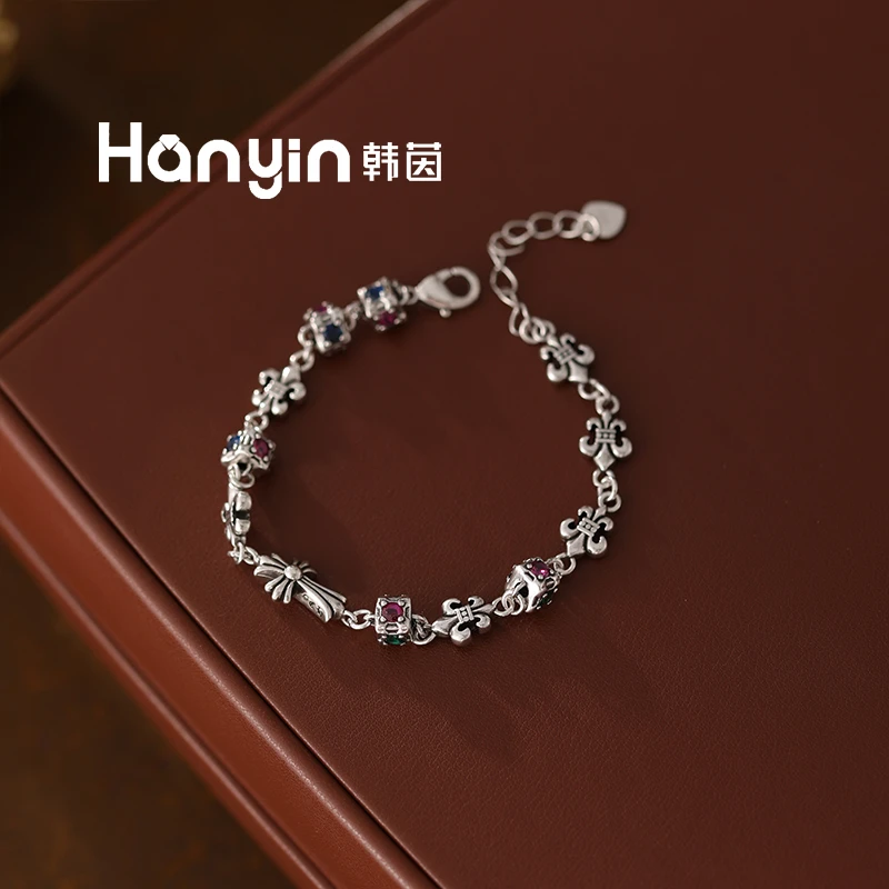 铜合金仿水晶手链 高定轻奢克罗风十字架搭配鸢尾花手链AAA