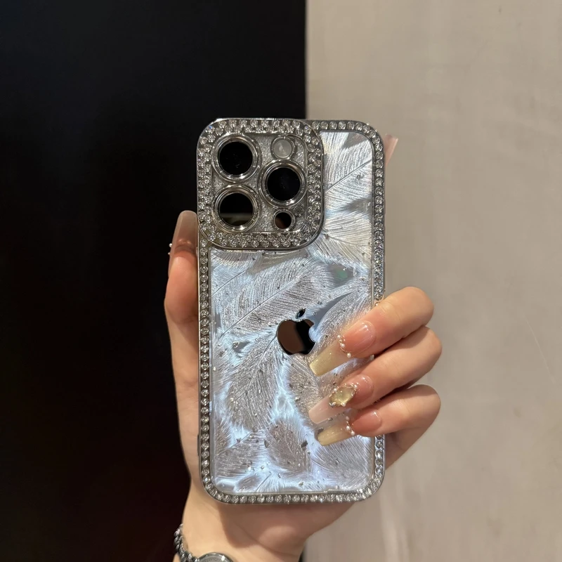 小众镶钻羽毛纹适用苹果16promax手机壳时尚iPhone15高级14个性13