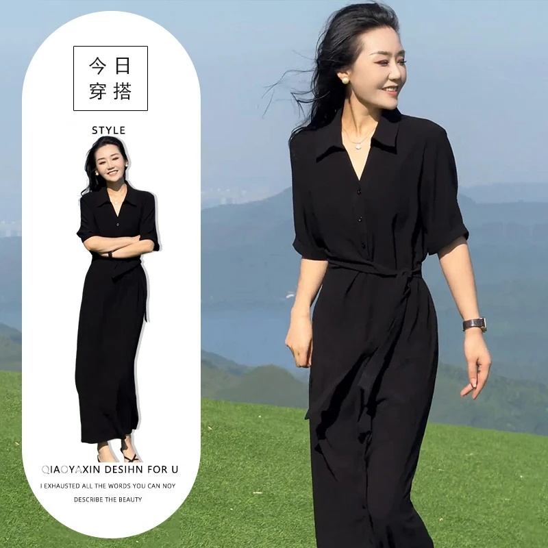 夏款女小众百搭黑色赫本风长裙时尚轻奢气质收腰显瘦赫本风连衣裙