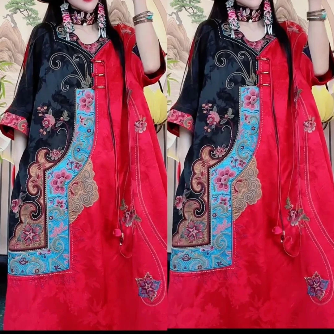 2025早秋新中式民族风重工刺绣宽松大码拼接款长袍宽松大码连衣裙