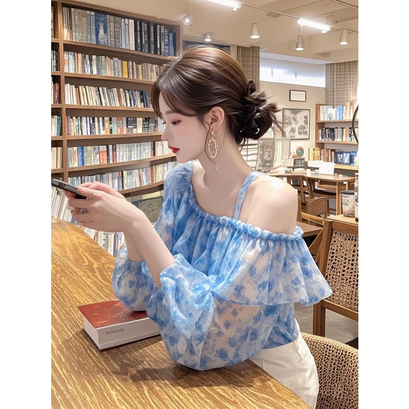 2025春夏新款设计感小众一字肩碎花泡泡长袖百搭蓝色衬衣衬衫女