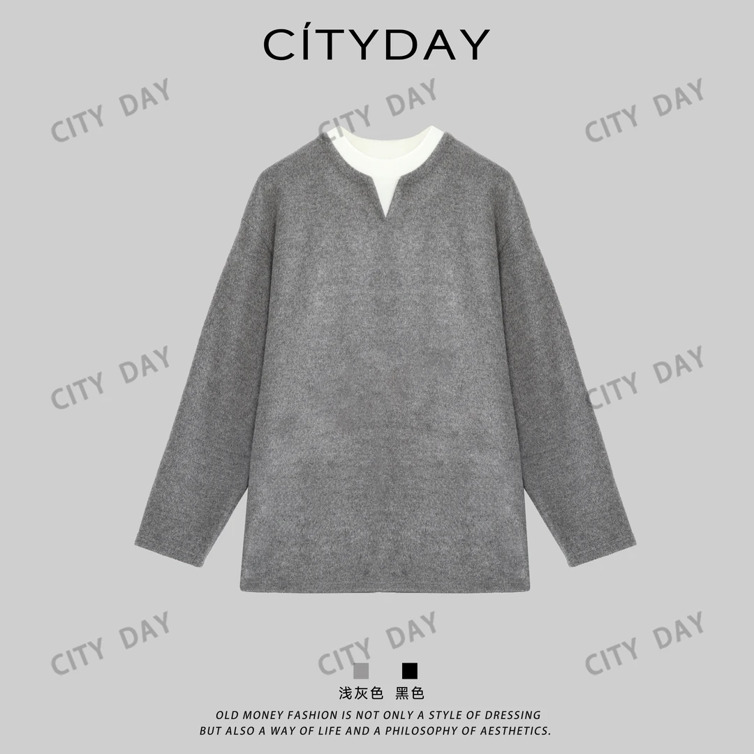 CityDay【楠哥】山羊绒混纺·绒感假两件老钱风小V领长袖T恤 8606