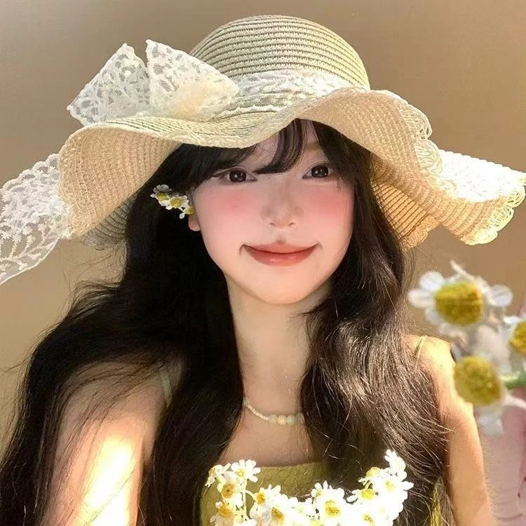 2025爆款网红蕾丝草帽女夏季户外大檐防晒时尚百搭海边沙滩遮阳帽