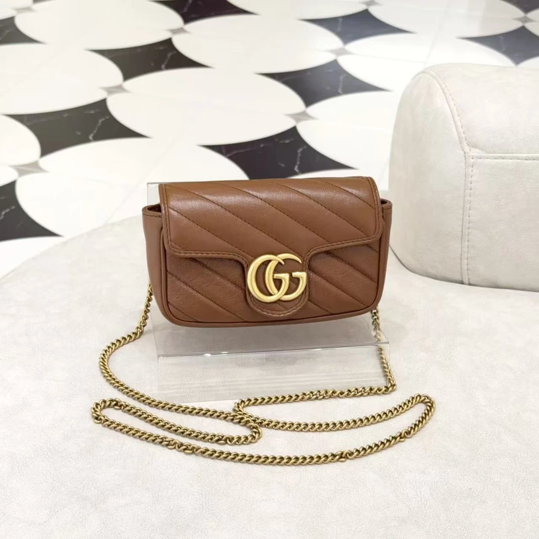 95新 GUCCI/古驰 马蒙supermini焦糖色金扣牛皮/19037130