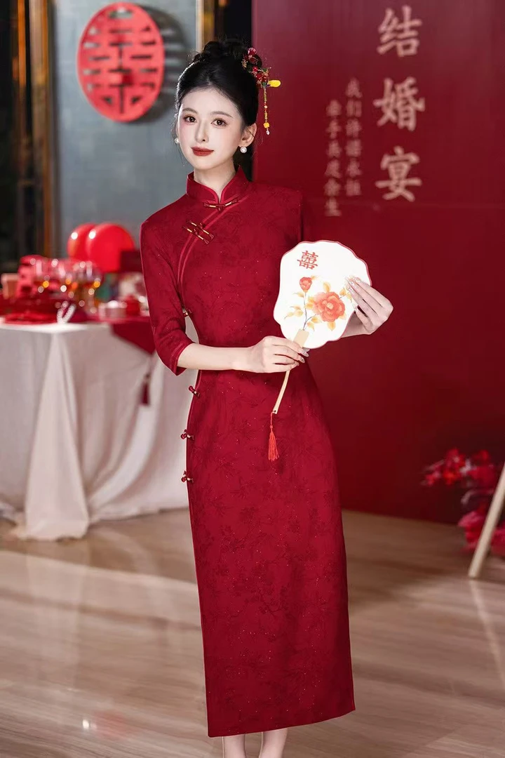 【心相印】中国风中式结婚秋季红色金丝气质旗袍显瘦时尚A21