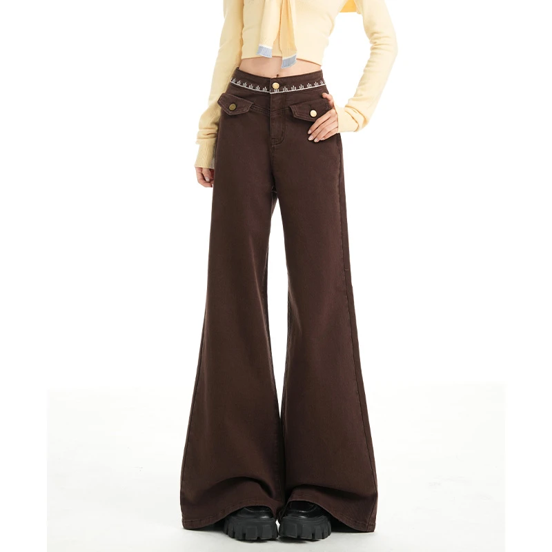 乔栈美拉德咖啡色复古港风高腰不贴腿微喇裤女秋冬小个子弹力长裤