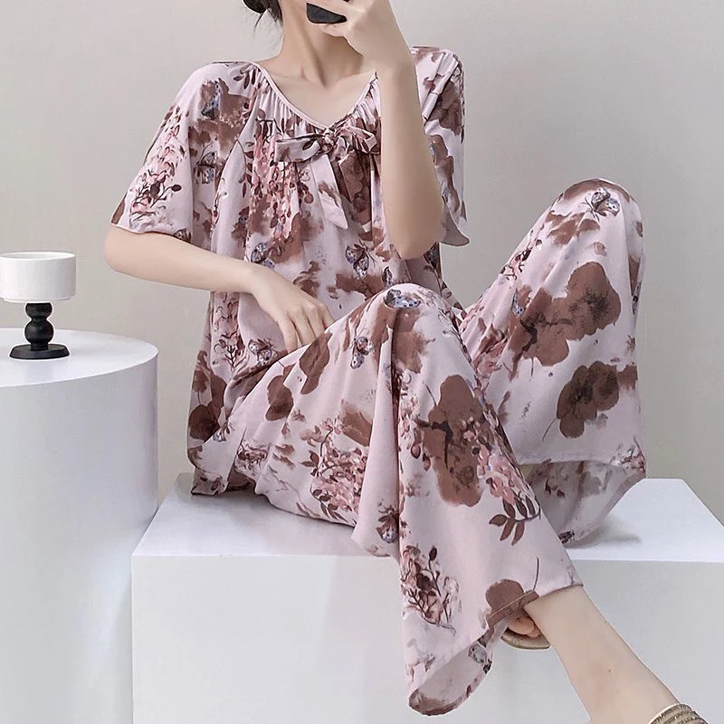 国风夏季绵绸睡衣棉绸人造棉扎染中式短袖宽松家居服大码套装可外