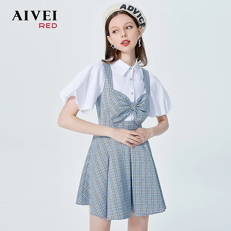 AIVEI欣贺艾薇学院风蝴蝶结高腰背带短裙P0360022