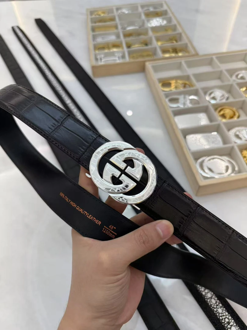 （成套）3.5自动扣鹿皮竹节纹腰带+纯银石头纹G扣礼盒装-玉