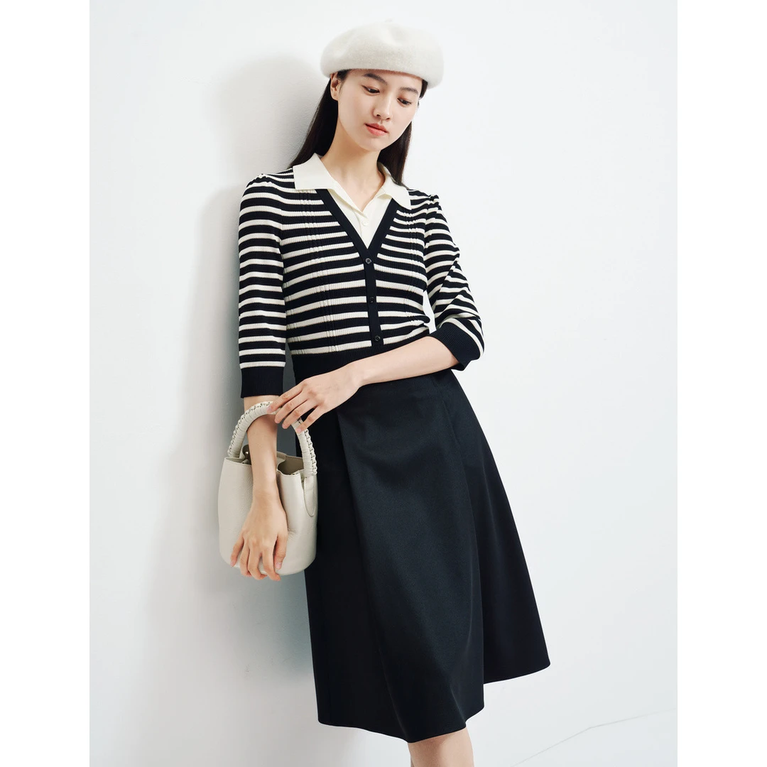 【思思专属】春秋条纹针织拼接假两件连衣裙气质裙子EF03206G5