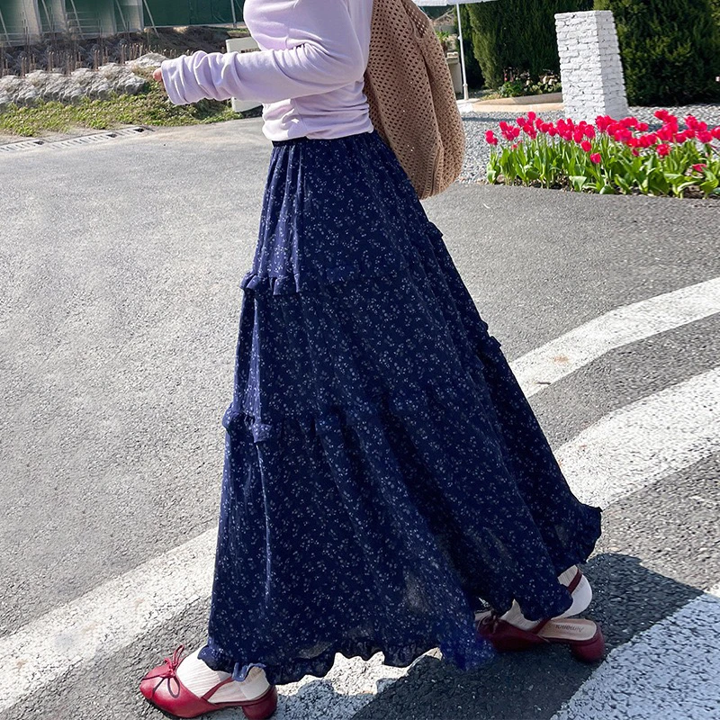 复古碎花高腰中长款a字蛋糕伞裙女春秋季小个子韩系风格9805