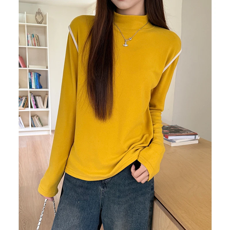 冬季半高领双面磨毛加厚修身长袖T恤女拼接内搭百搭打底衫上衣