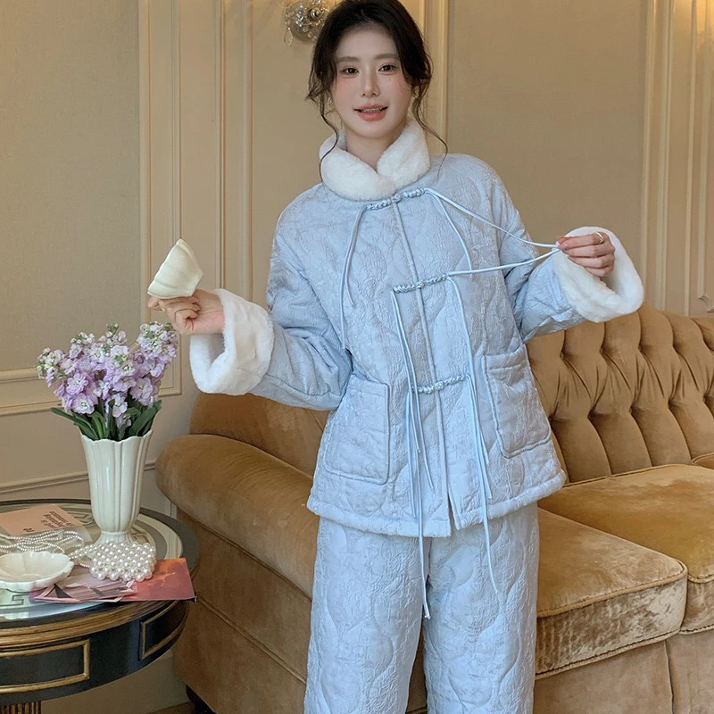 iShaw/蓝色特厚三层夹棉法式冬季新中式女保暖套装家居服可外穿