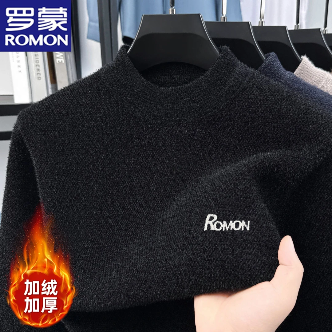 罗蒙男士秋冬圆领加绒保暖毛衣加厚针织打底衫休闲刺绣中年男套头