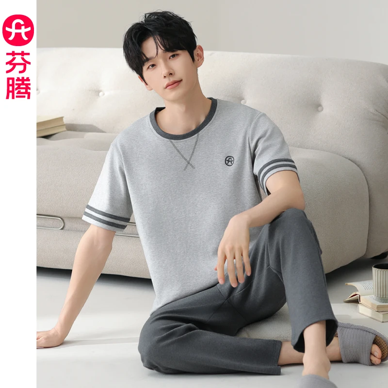 芬腾睡衣男款夏季纯棉短袖长裤套装新款2025年夏天男可外穿家居服