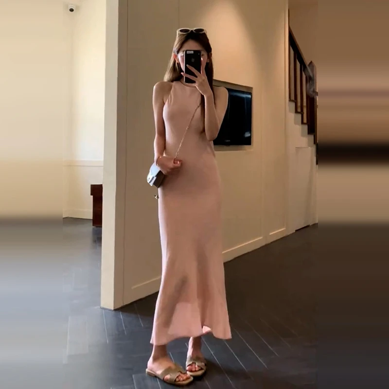 4496气质无袖背心粉色连衣裙子女装新款海边度假修身包臀长裙