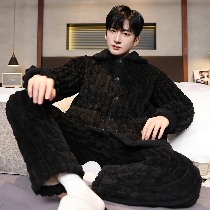 【黑色抽条】珊瑚绒睡衣男士冬季加厚加绒三层夹棉袄保暖家居服套装