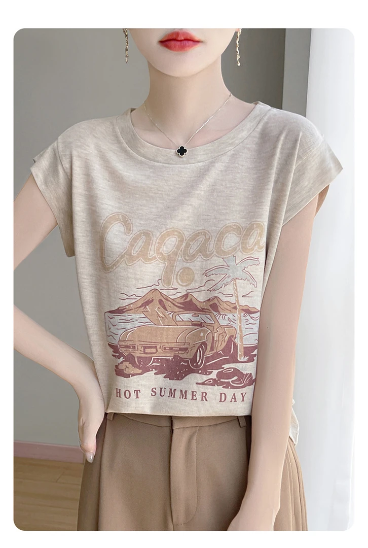 短款小飞袖印花圆领短袖T恤女装洋气显瘦休闲百搭薄款上衣