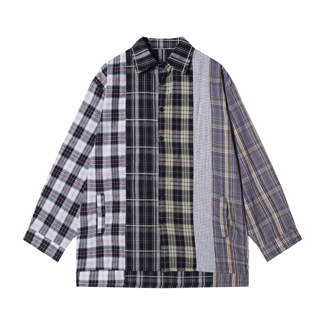 夏季高级感新款美式撞色格子衬衫百搭小众设计高级拼接百搭衬衣