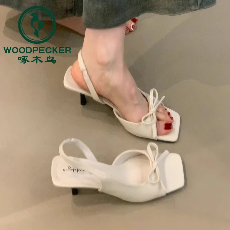 啄木鸟韩系绝美蝴蝶结细跟高跟鞋女2025年新款后绊带露趾凉鞋女