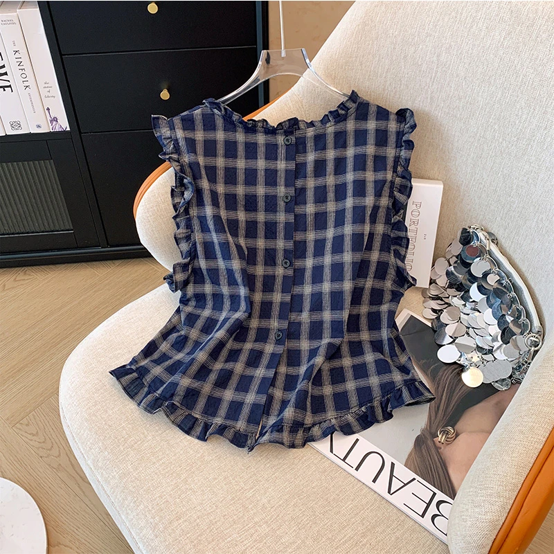 2025荷叶边无袖直筒型法式成人衬衫显瘦设计感时尚休闲韩版上衣