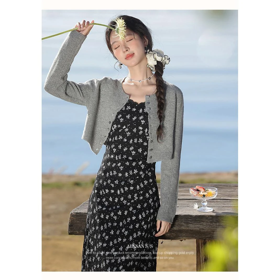 微胖女装灰色开衫黑底杏花连衣裙套装2025夏季新款显瘦气质连衣裙