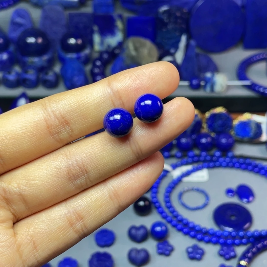 青金石银S925镶嵌9mm耳饰