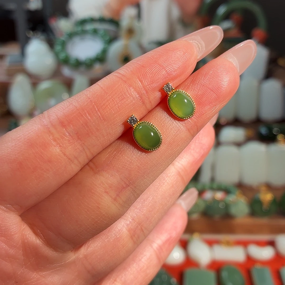 和田玉银S925镶嵌耳饰