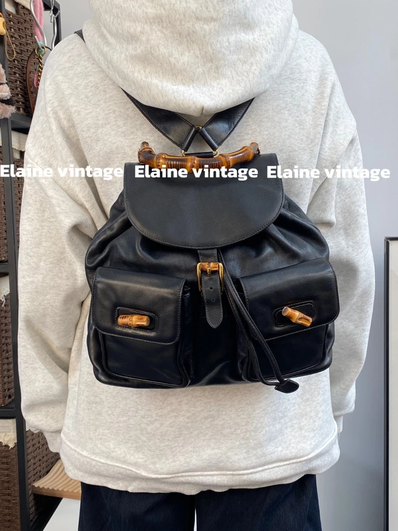 95新 GUCCI/古驰 黑色竹节全皮双肩包（31cm）