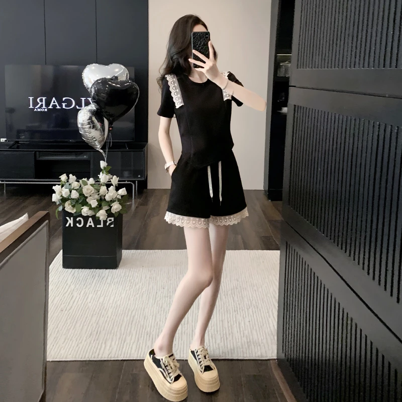 休闲套装女2025夏新款气质显瘦洋气小个子蕾丝花边短袖短裤两件套