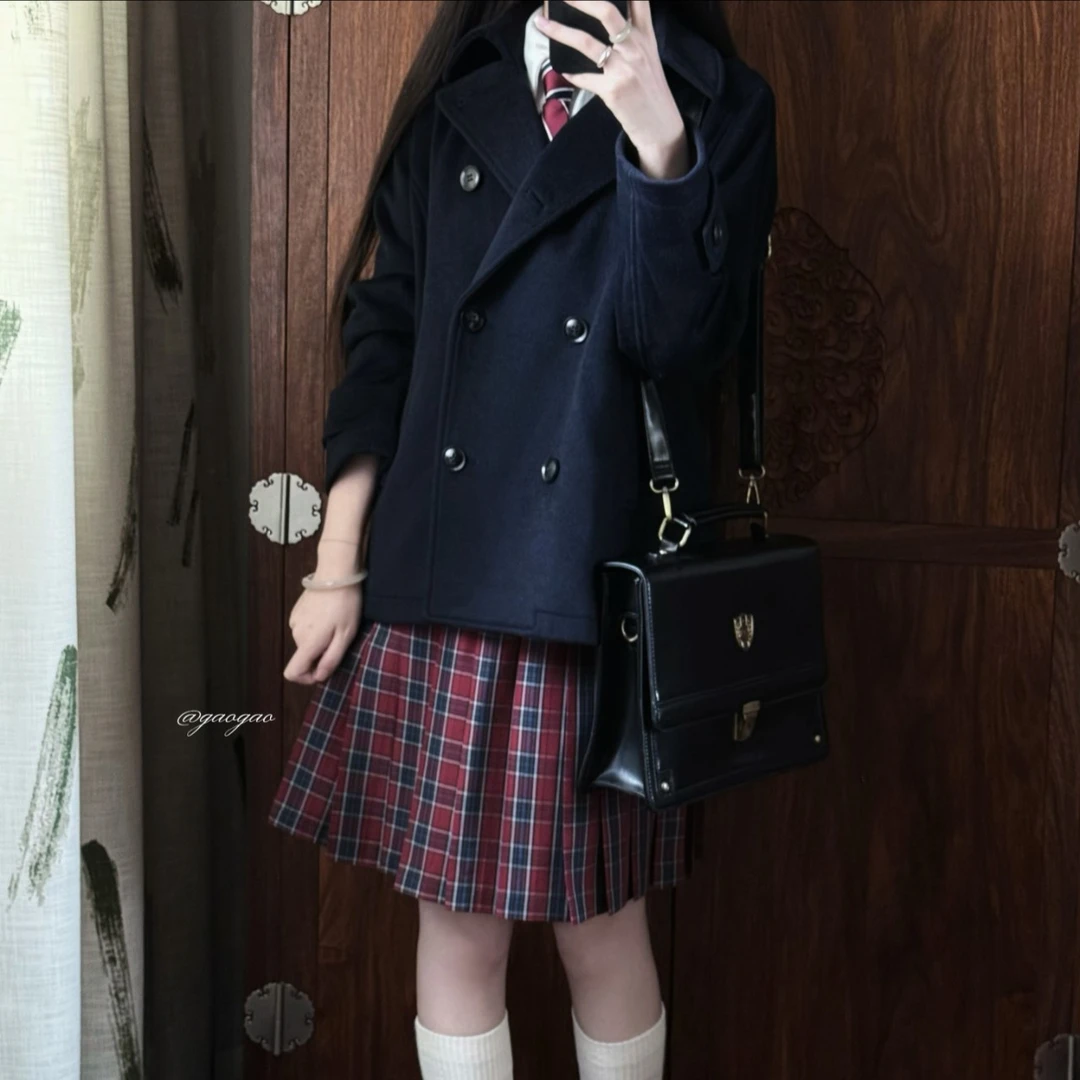 短款双排扣绀色中灰色校供感毛呢大衣秋冬新款含羊毛版聚酯纤维版