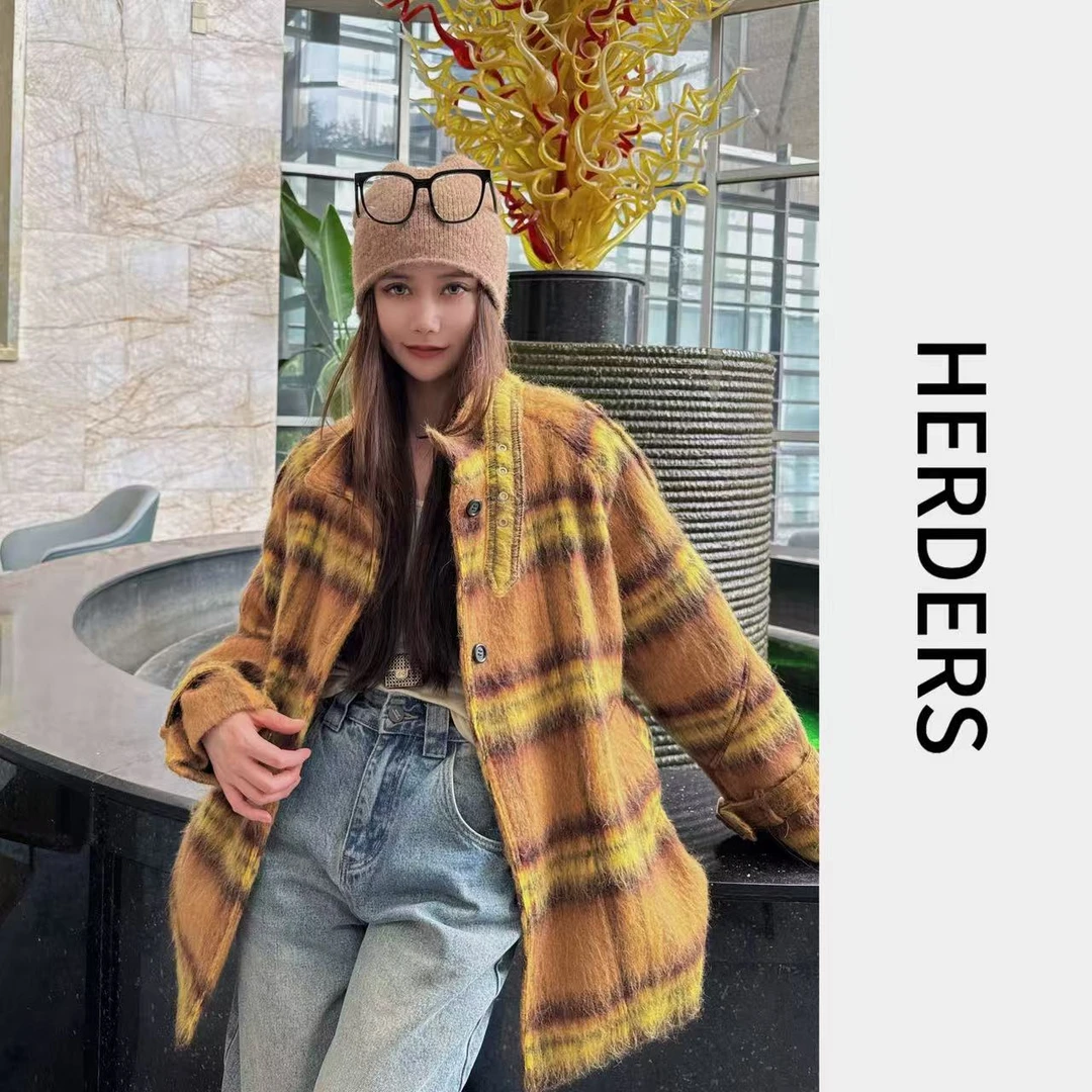 HERDERS 短款小翻领格纹纽扣款双面呢外套 51206