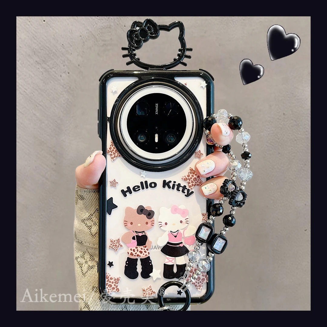 适用华为mate70pro+手机壳透明黑框Mate60pro豹纹长腿kitty猫链条