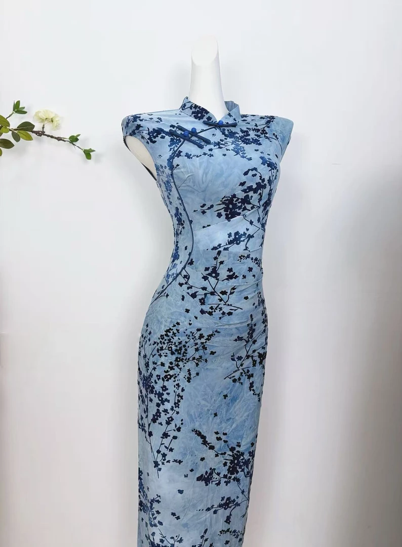 【繁星】新中式国风蓝色碎花旗袍年轻款超好看独特漂亮气质连衣夏季