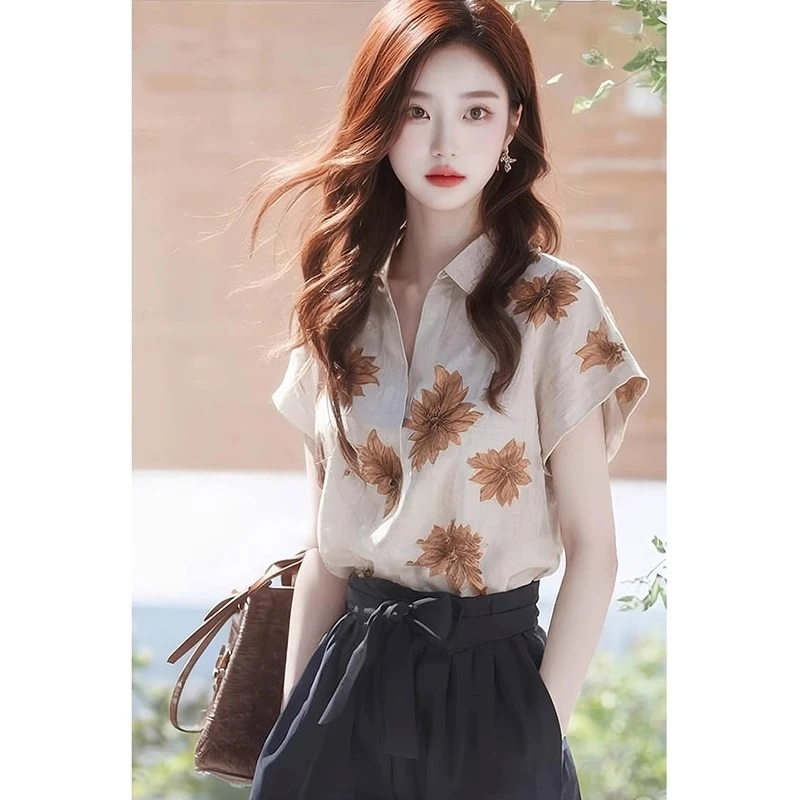 复古港风印花polo领短袖衬衫女夏季宽松小众独特别致薄款翻领上衣