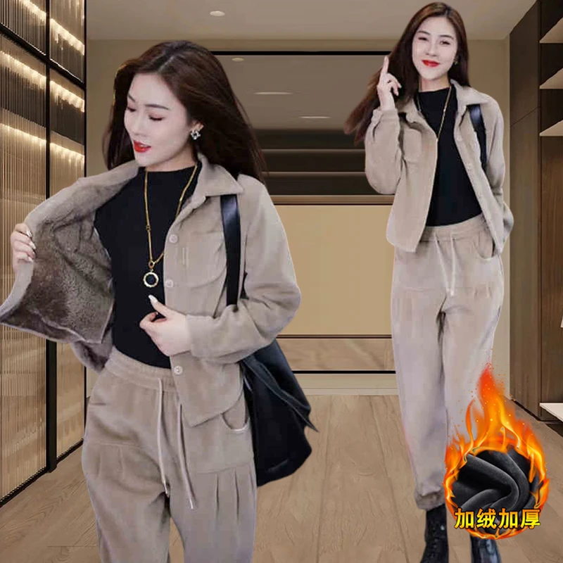 秋冬气质穿搭一整套高级感时尚加厚保暖女装上衣阔腿休闲裤两件套