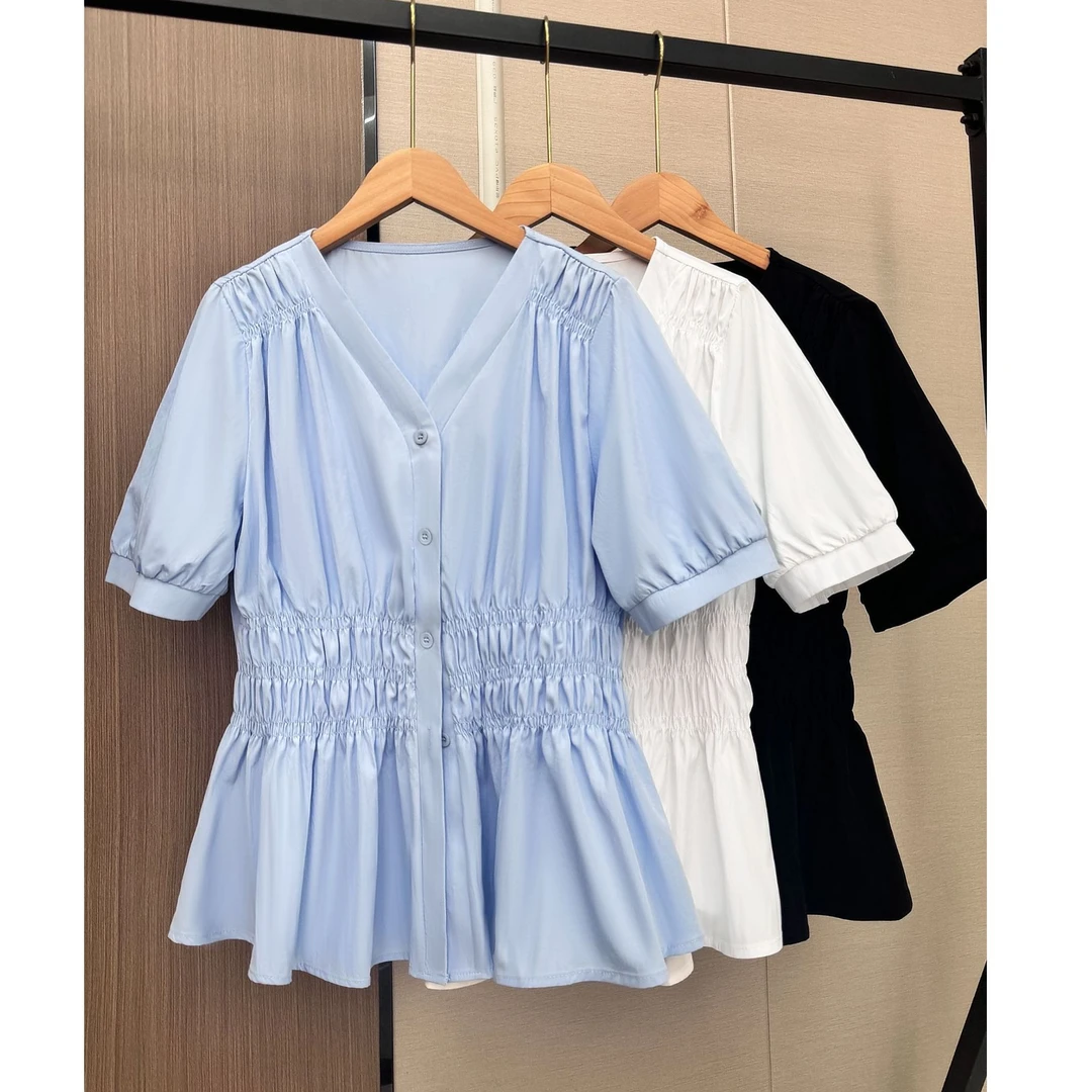 2025夏季新款泡泡袖v领褶皱收腰衬衣短款上衣洋气小衫