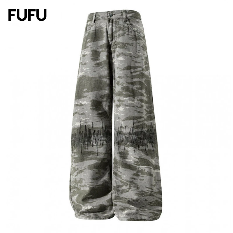 【富富】牛仔裤男春夏季潮牌迷彩美式高街宽松直筒裤高街9063SQG
