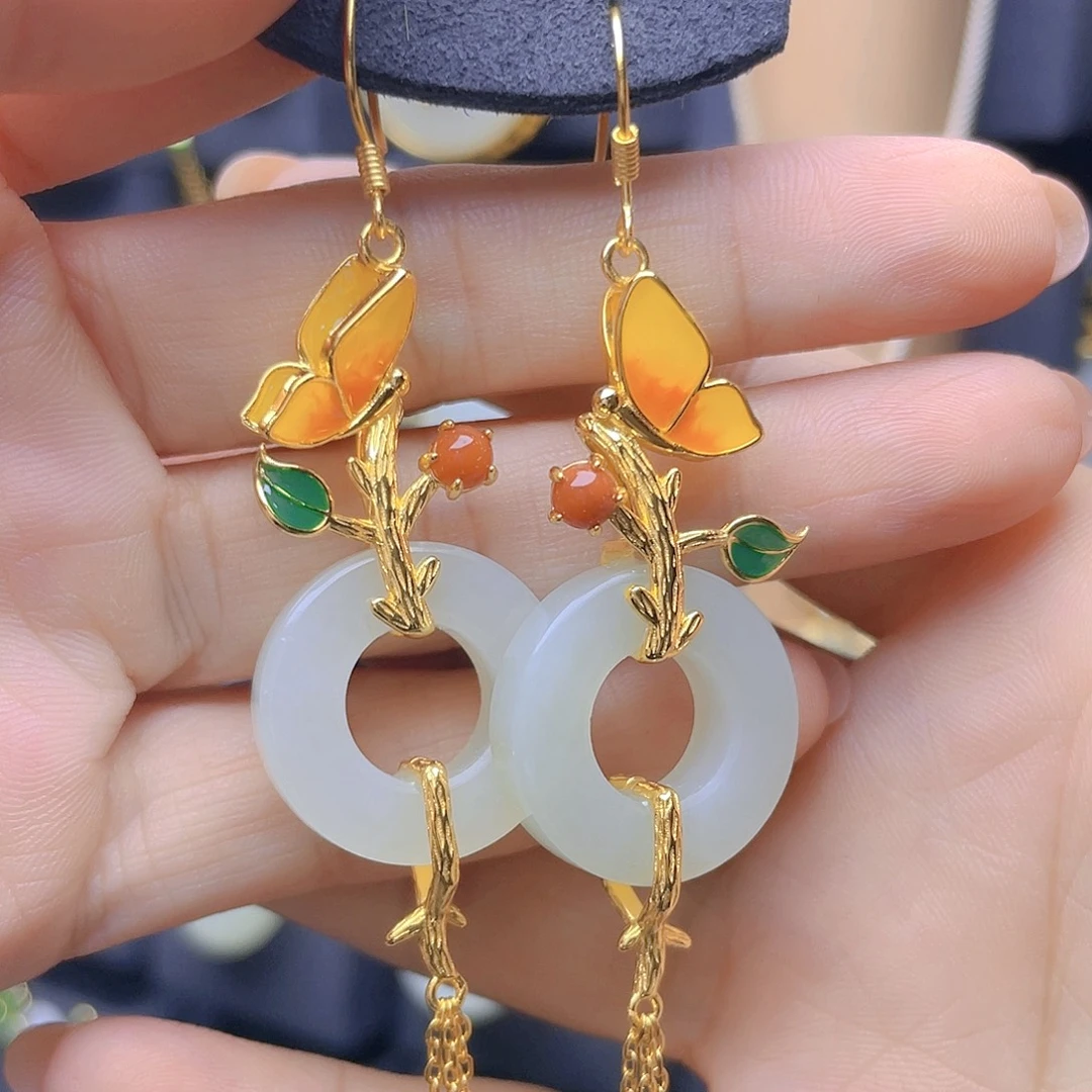 和田玉银S925镀金镶嵌耳饰