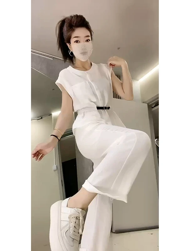 名媛风街头风极简风时尚套装无袖上衣休闲白色裤子宽松气质穿搭