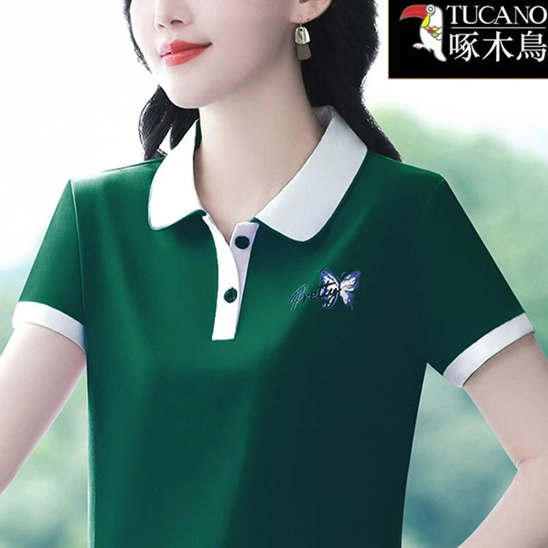 啄木鸟夏季薄款字母印花女装T恤2025年新款翻领显瘦韩版大码上衣