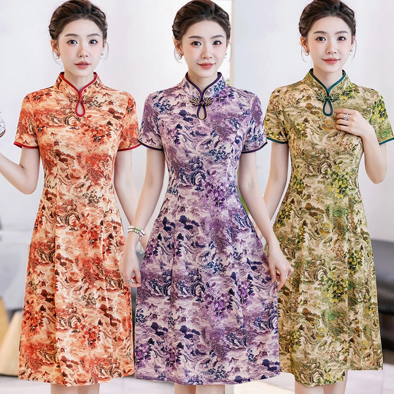 夏款妈妈装时尚复古水滴领改良旗袍裙中长款过膝显瘦气质连衣裙